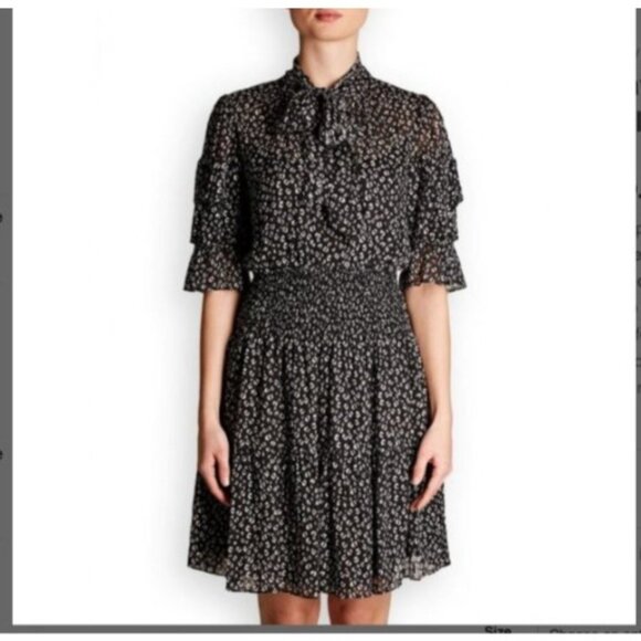 Rebecca Taylor Black  animal print Short Sleeve Dress Ruffle  silk blend size 6 - Picture 1 of 16
